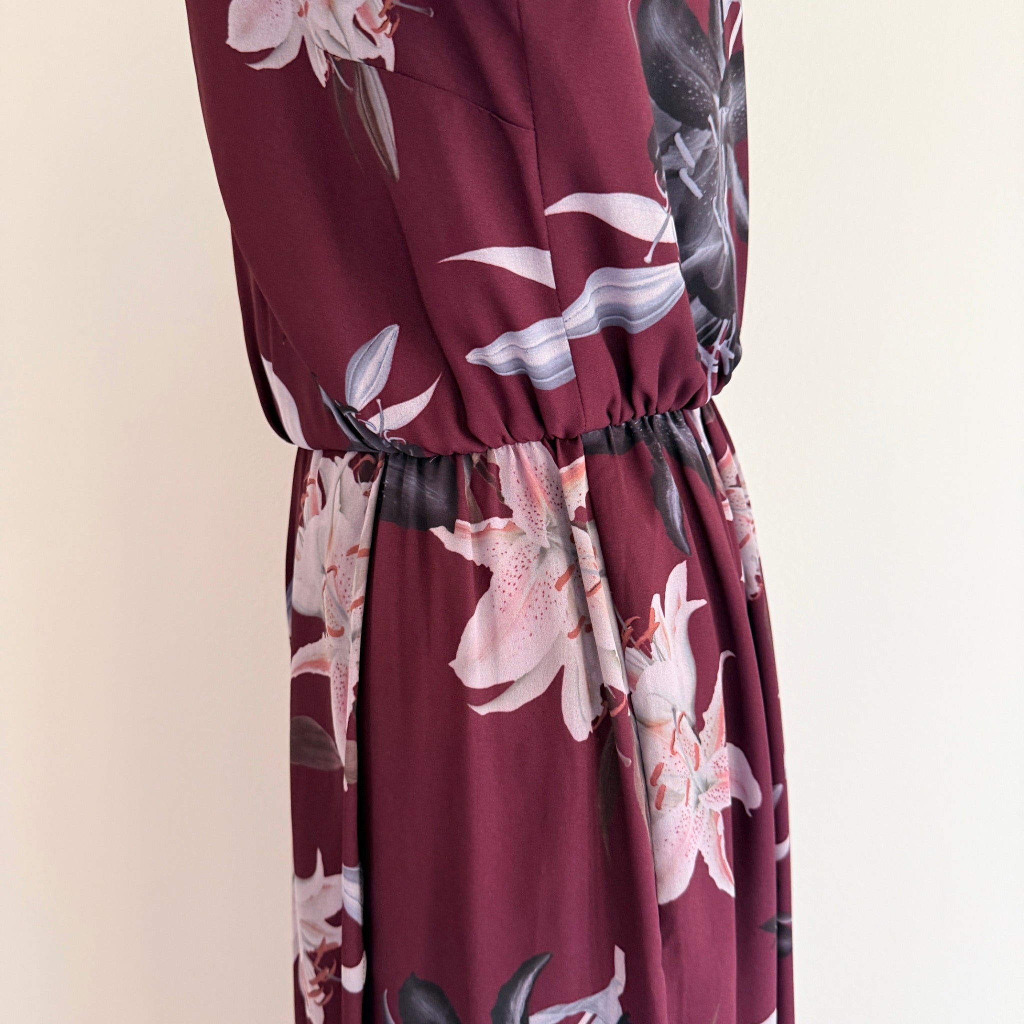 Portmans Floral Wrap Dress Burgundy Size 8 Elegant Long Sleeve - Image 17