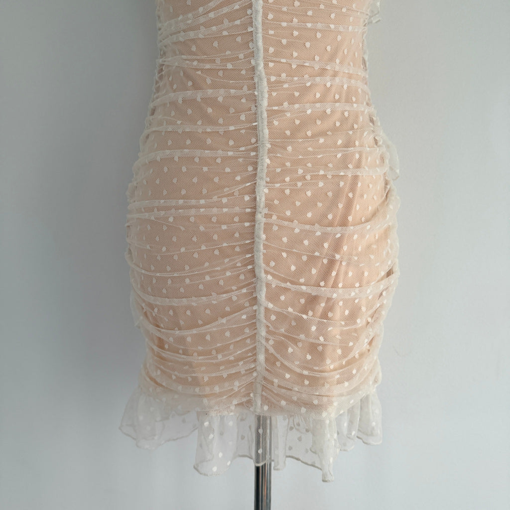 MDS Collections White Nude Mesh Swiss Dot Ruffle Mini Dress Size S Party - Image 15