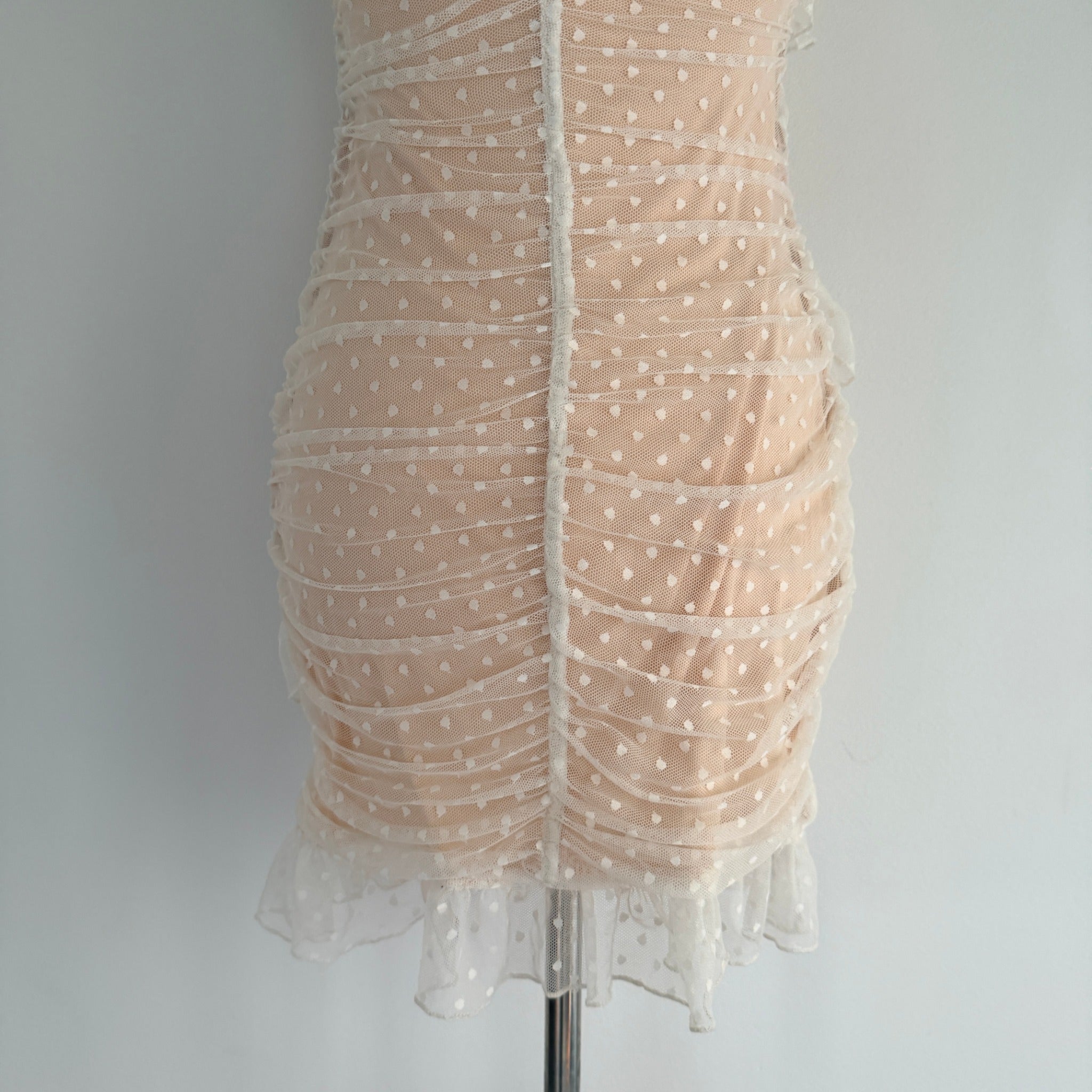 MDS Collections White Nude Mesh Swiss Dot Ruffle Mini Dress Size S Party - Image 15