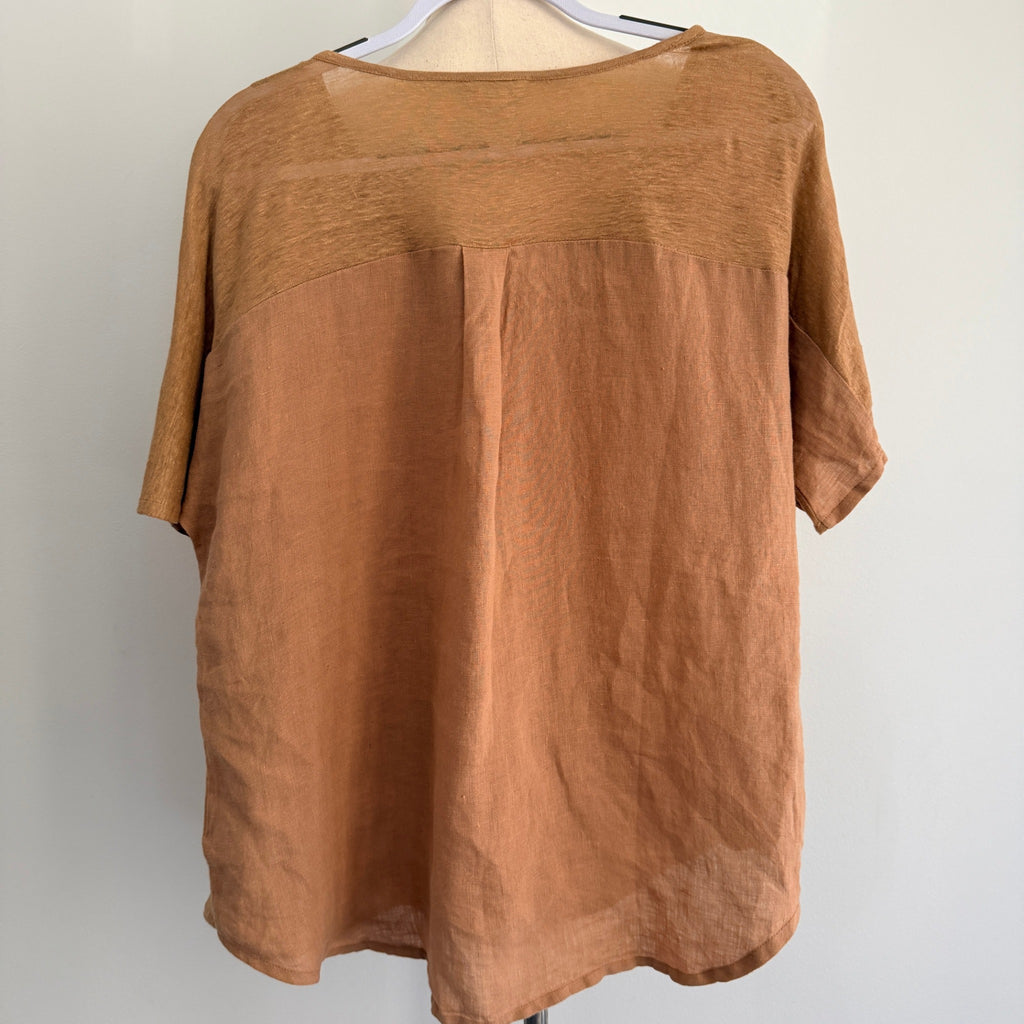 The Shanty Corporation Linen Top Tan V-Neck Relaxed Fit Size S Summer Casual - Image 2
