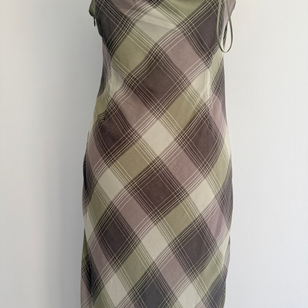 Glassons Khaki Charcoal Check Slip Dress Lace Trim Maxi Size 14 Evening BNWT - Image 15