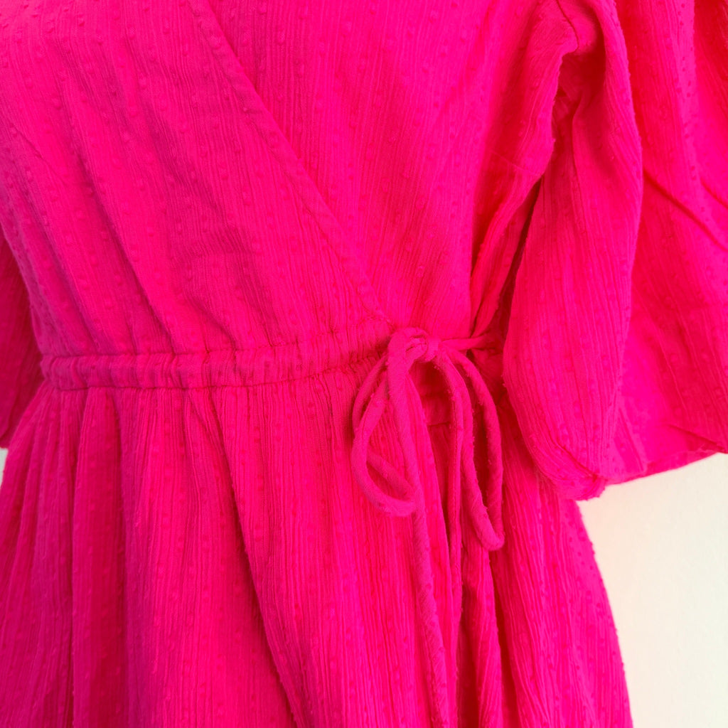 YAS Womens Wrap Dress Size XS Pink Cotton Puff Sleeve Tie Waist Summer - Image 17