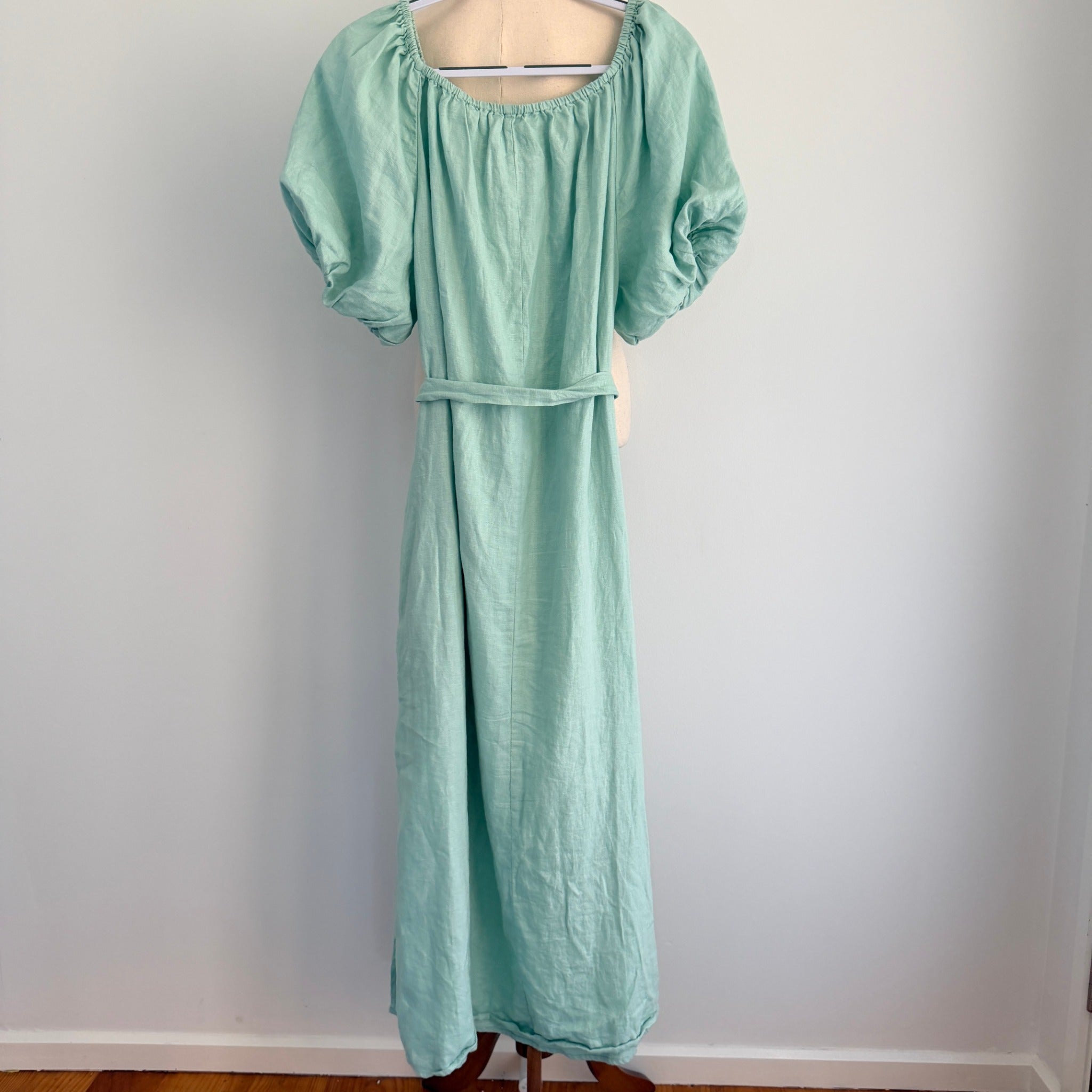 Amelius Mint Green Linen Midi Dress Size XL Puff Sleeve Tie Waist Resort - Image 1