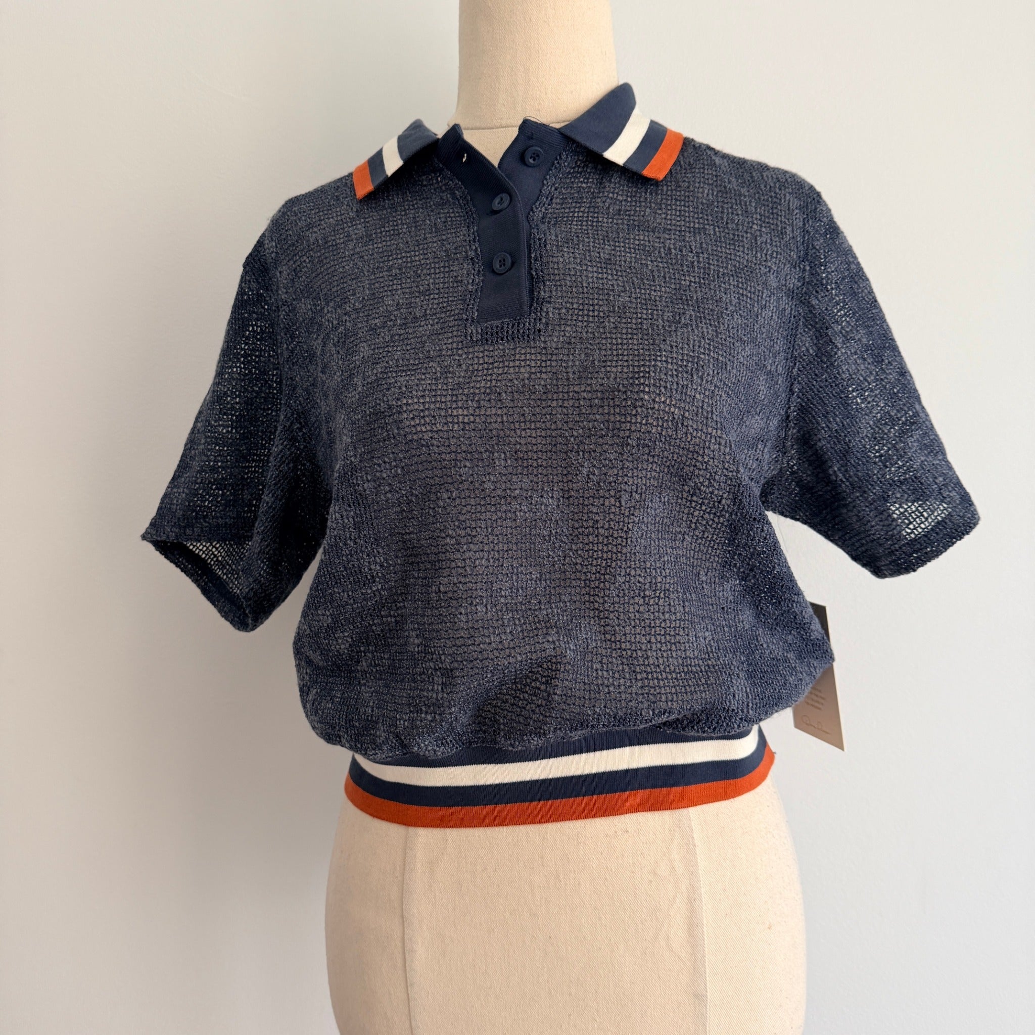 Brixton Womens Size S Navy Sheer Crochet Knit Polo Crop Top BNWOT - Image 1