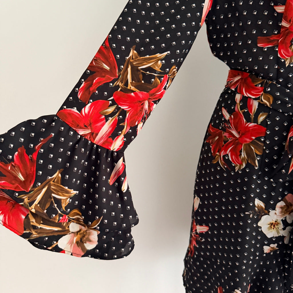 Sheike Black Floral Polka Dot Ruffle Wrap Dress Size 8 - Image 8