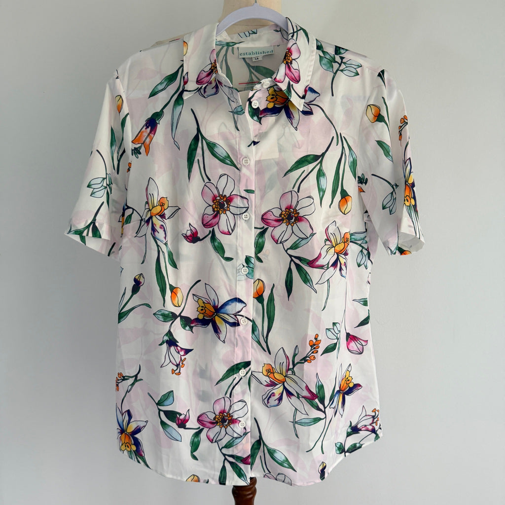 Established Bouquet Blouse White Floral Polyester Top Sz 14 Summer NWT - Image 1