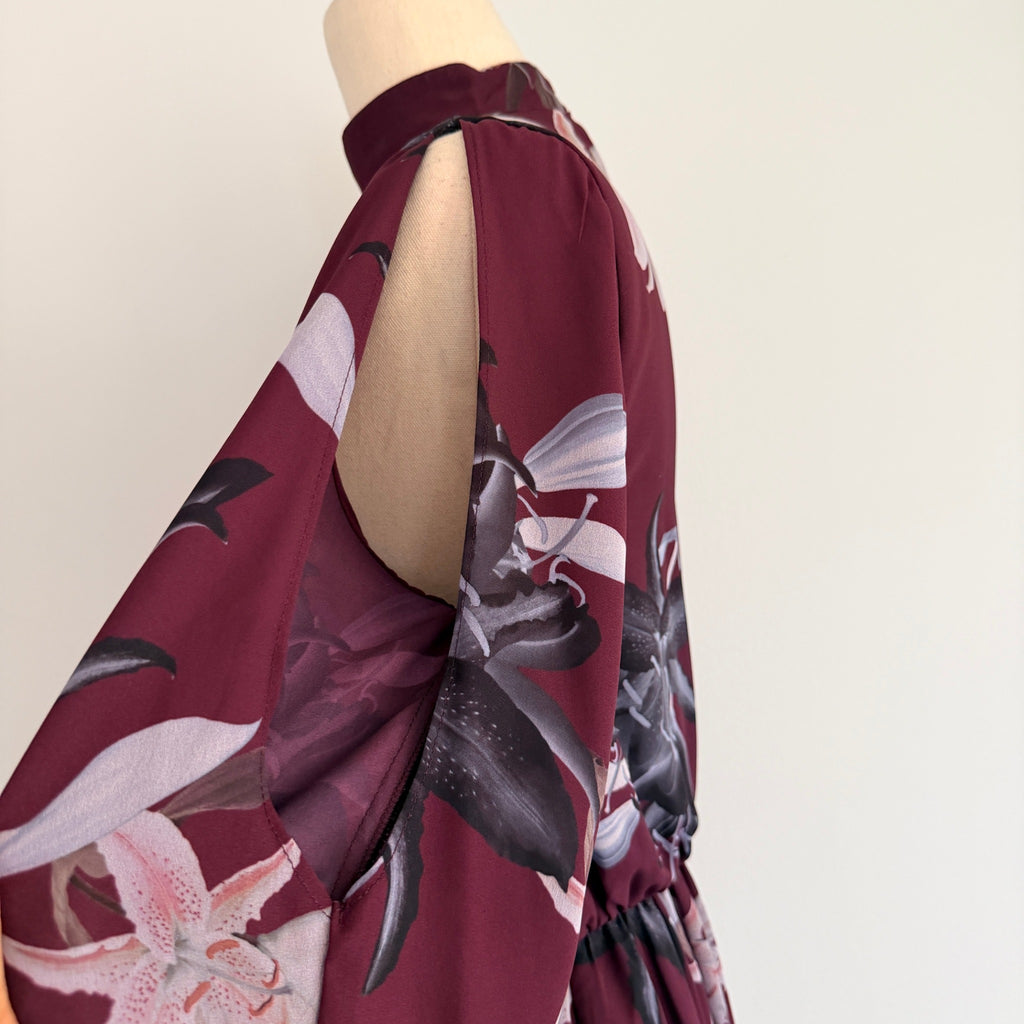 Portmans Floral Wrap Dress Burgundy Size 8 Elegant Long Sleeve - Image 18