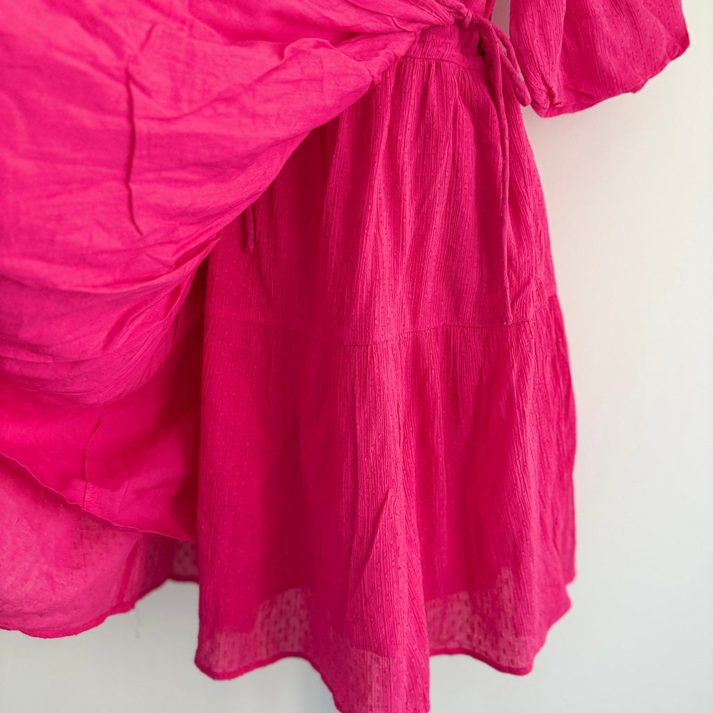 YAS Womens Wrap Dress Size XS Pink Cotton Puff Sleeve Tie Waist Summer - Image 7