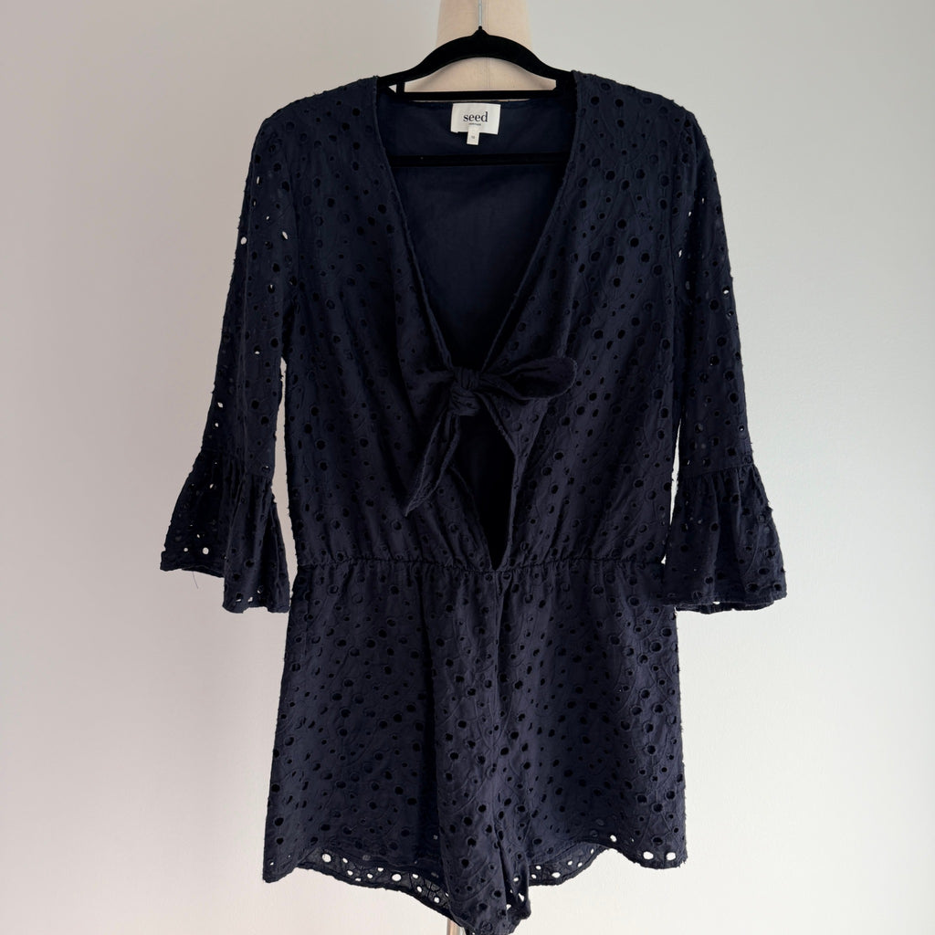 Seed Heritage Black Cotton Eyelet Playsuit Sz 10 Tie-Front Bell Sleeve Summer - Image 11