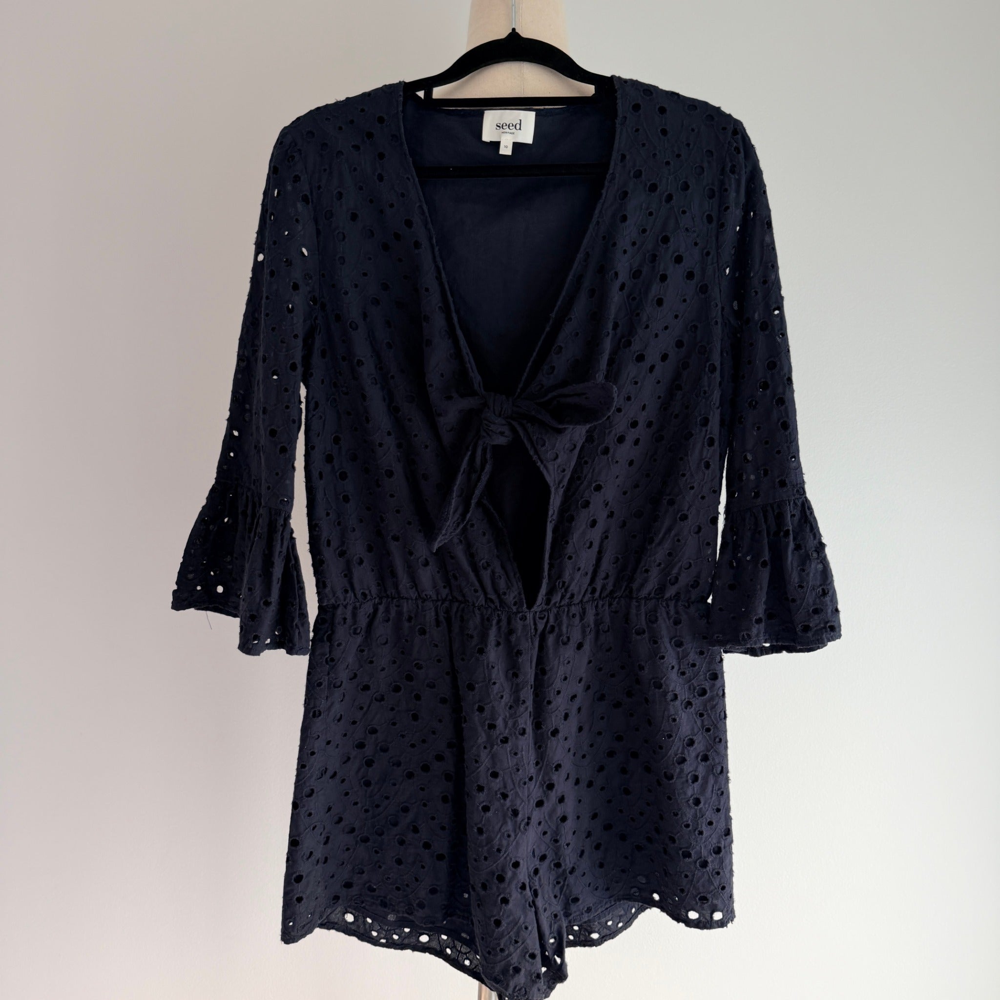 Seed Heritage Black Cotton Eyelet Playsuit Sz 10 Tie-Front Bell Sleeve Summer - Image 11