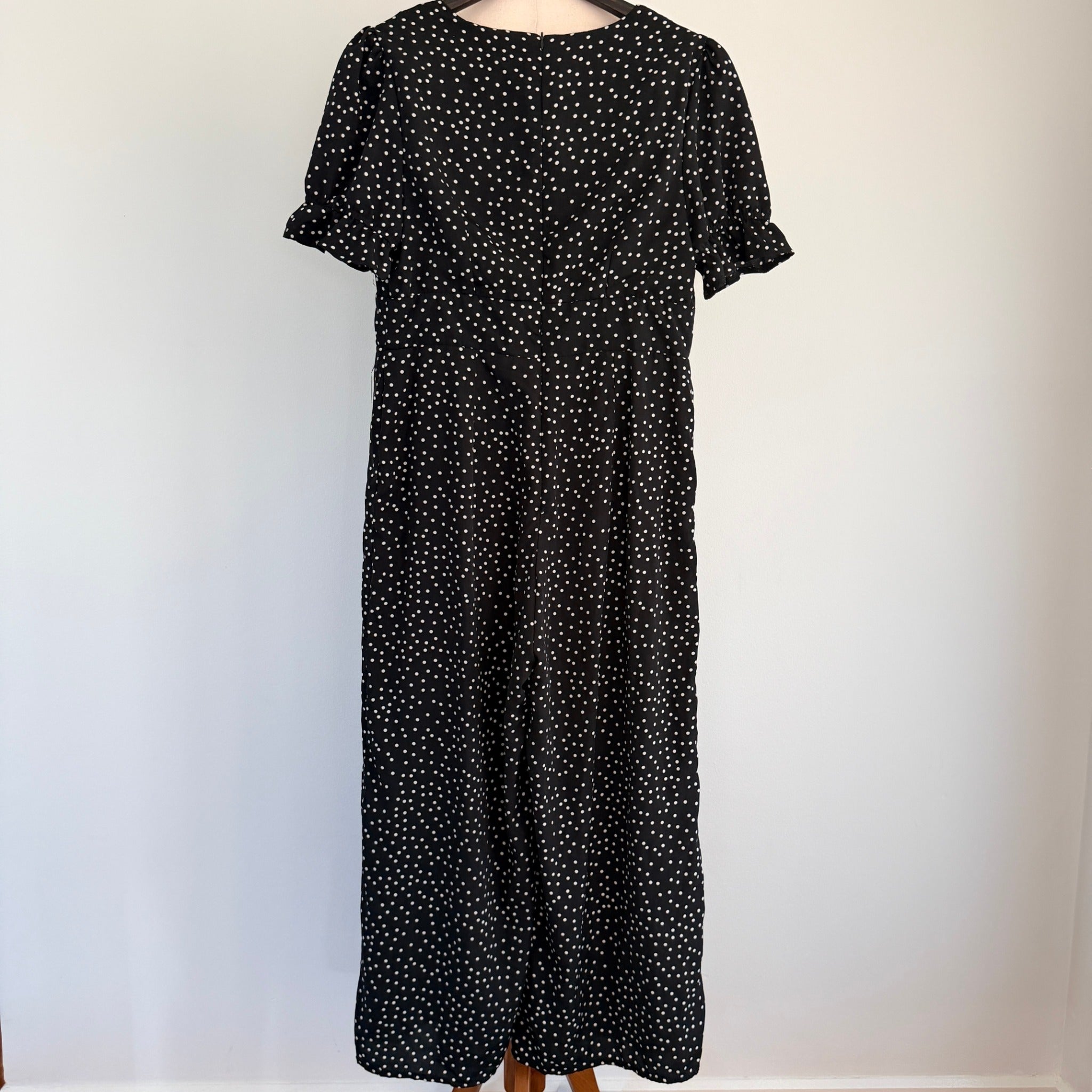 Dissh Black Polka Dot Polyester Jumpsuit Sz 14 Puff Sleeve V-Neck Party - Image 2