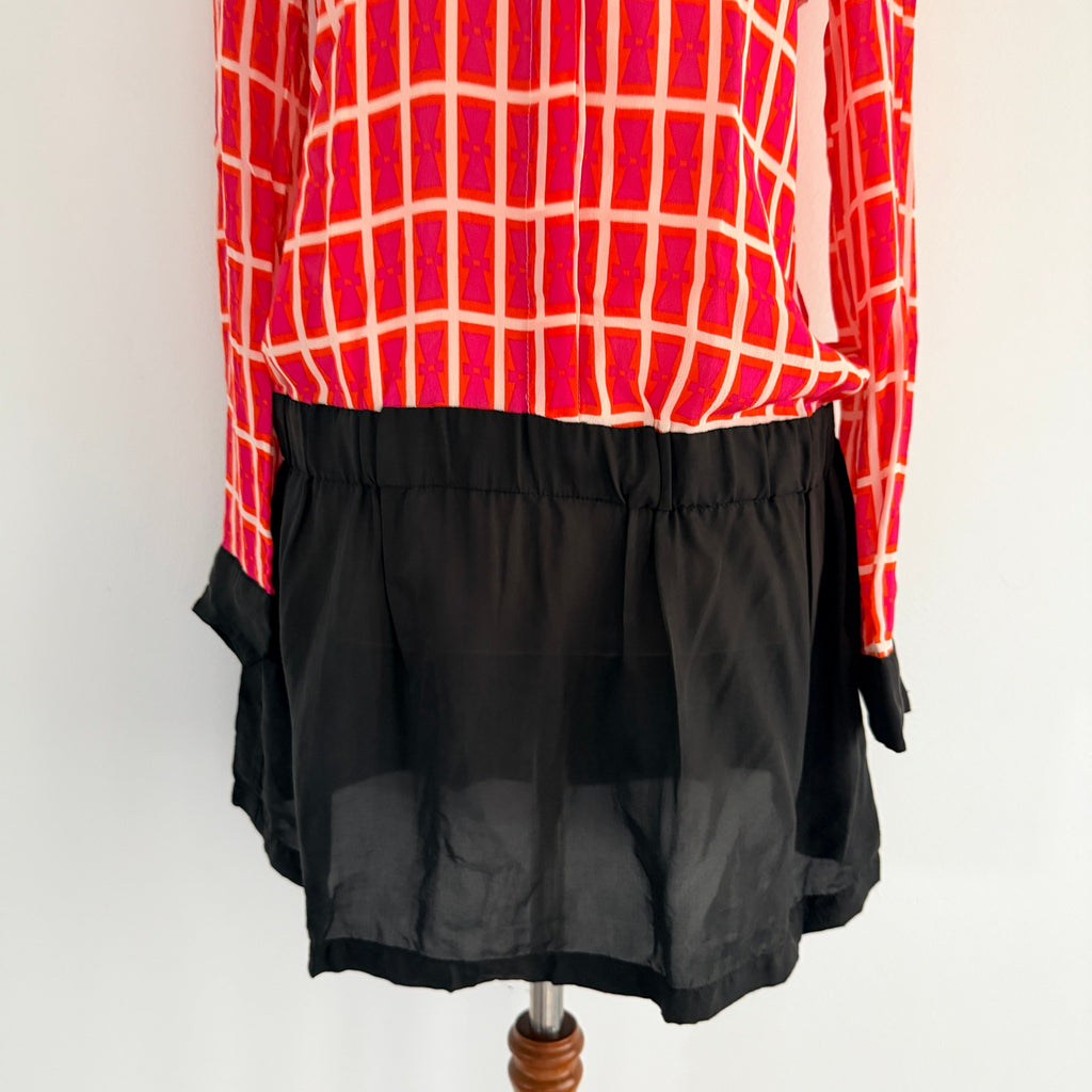 Orange Black Silk Geometric Print Shirt Dress Size S Boho Casual - Image 15
