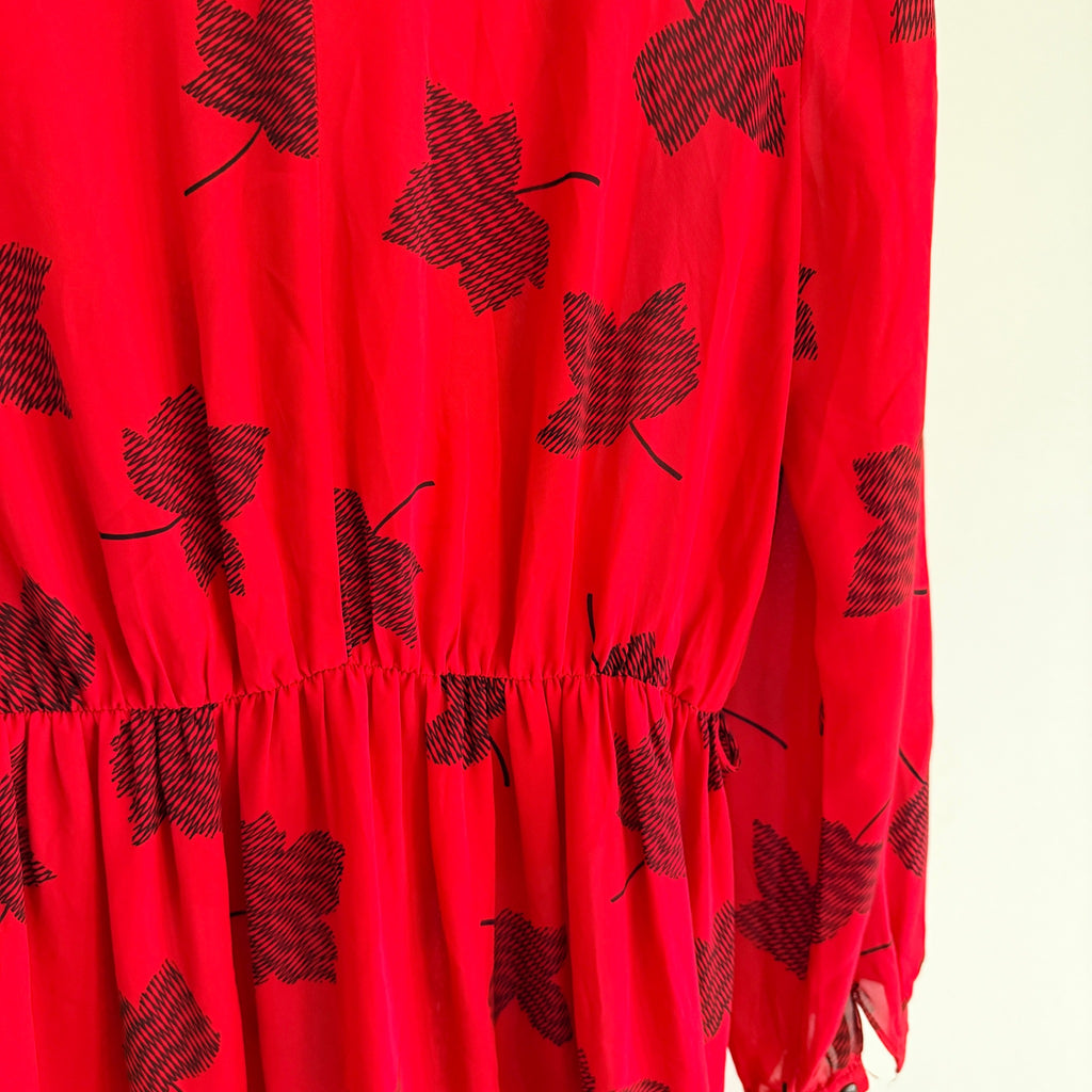 Maxine Vintage Red Black Leaf Print Polyester Pussy Bow Midi Dress Sz 14 Retro - Image 15