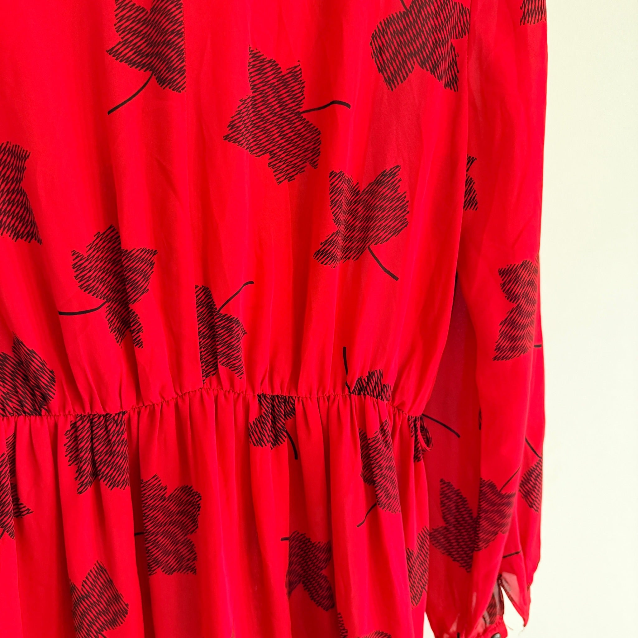 Maxine Vintage Red Black Leaf Print Polyester Pussy Bow Midi Dress Sz 14 Retro - Image 15