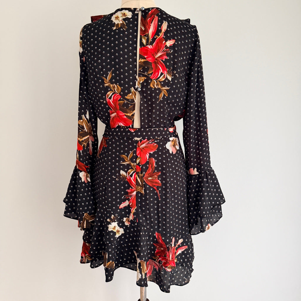 Sheike Black Floral Polka Dot Ruffle Wrap Dress Size 8 - Image 7
