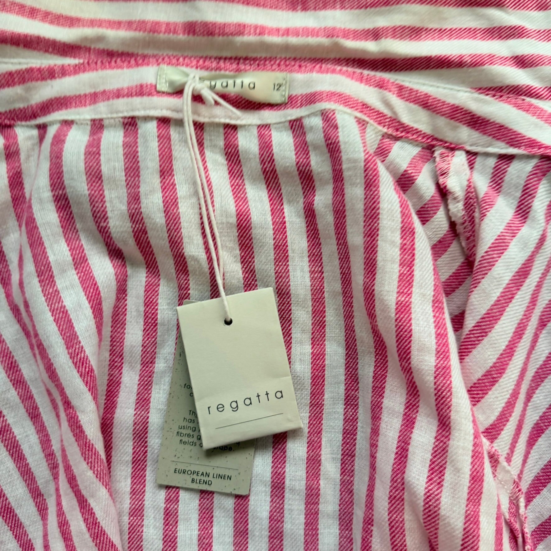 Regatta Sz 12 Red White Mixed Stripe Linen Cotton Button-Up Shirt Casual Resort - Image 7