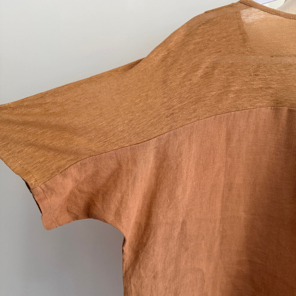 The Shanty Corporation Linen Top Tan V-Neck Relaxed Fit Size S Summer Casual - Image 13