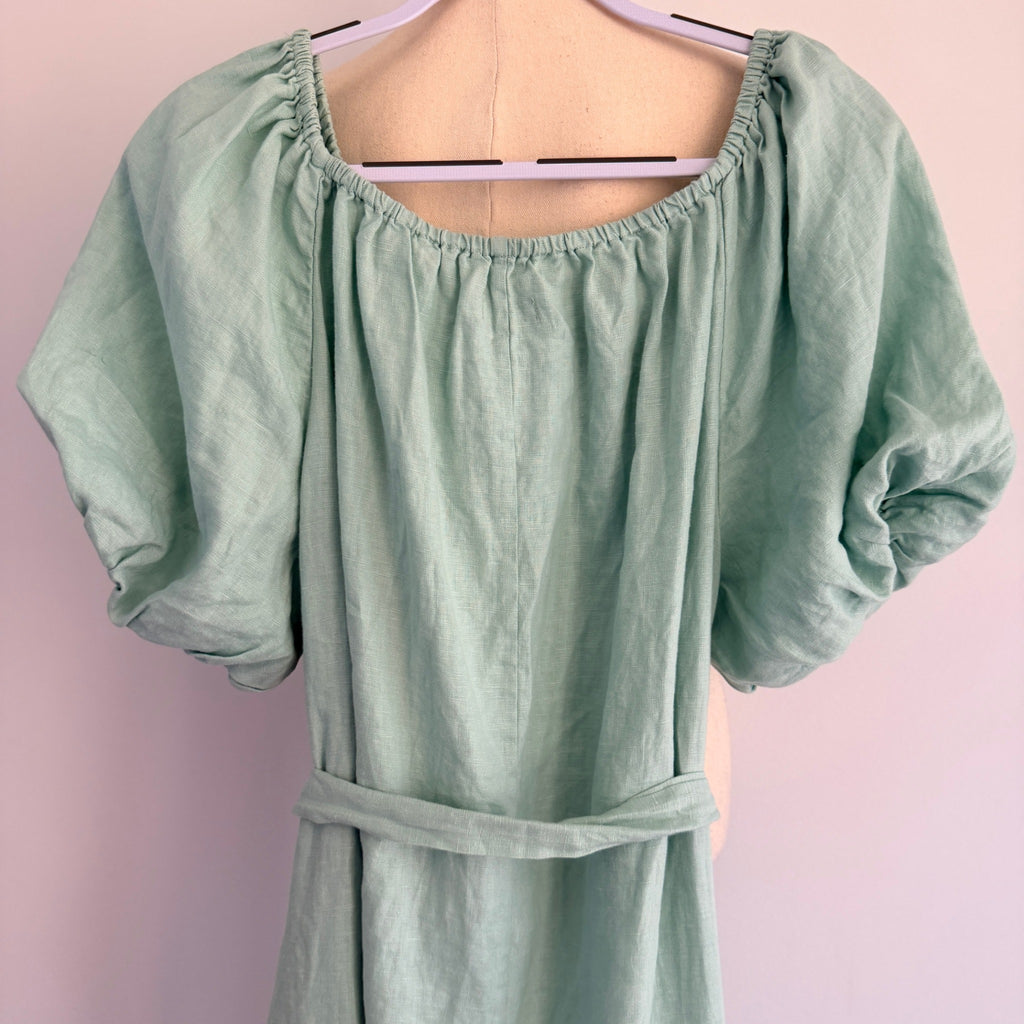 Amelius Mint Green Linen Midi Dress Size XL Puff Sleeve Tie Waist Resort - Image 3