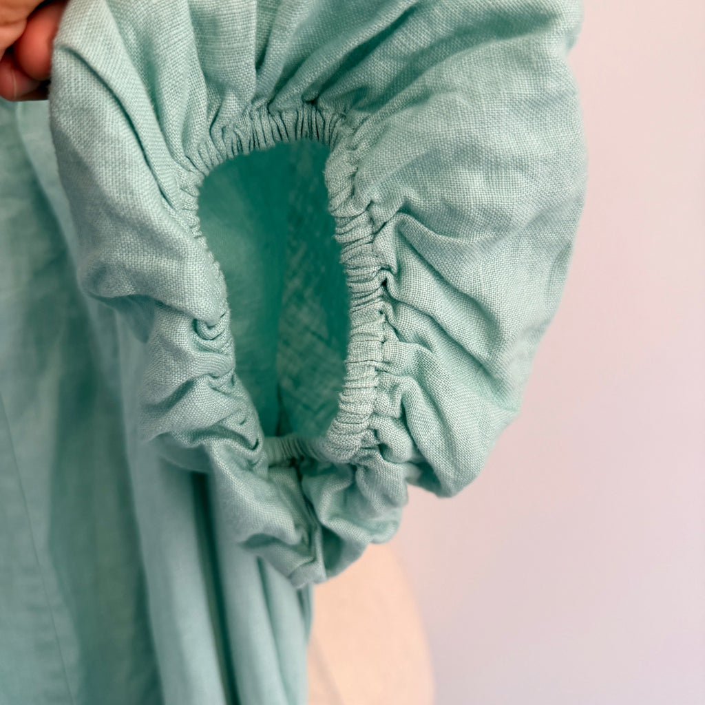 Amelius Mint Green Linen Midi Dress Size XL Puff Sleeve Tie Waist Resort - Image 7