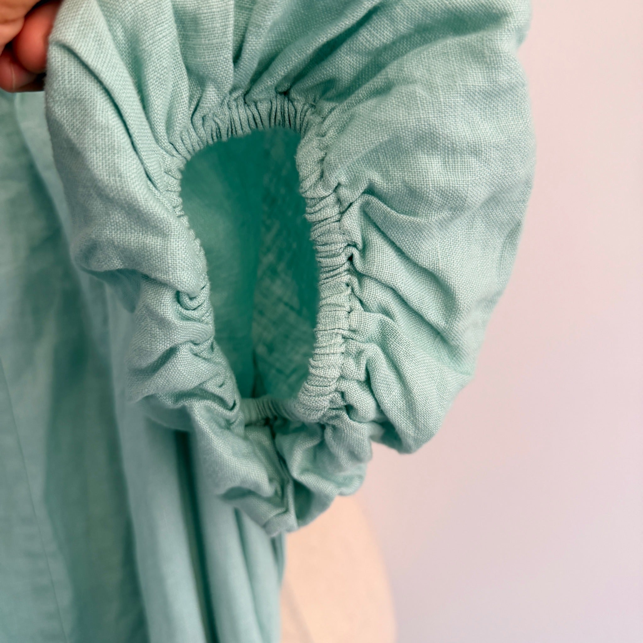 Amelius Mint Green Linen Midi Dress Size XL Puff Sleeve Tie Waist Resort - Image 7