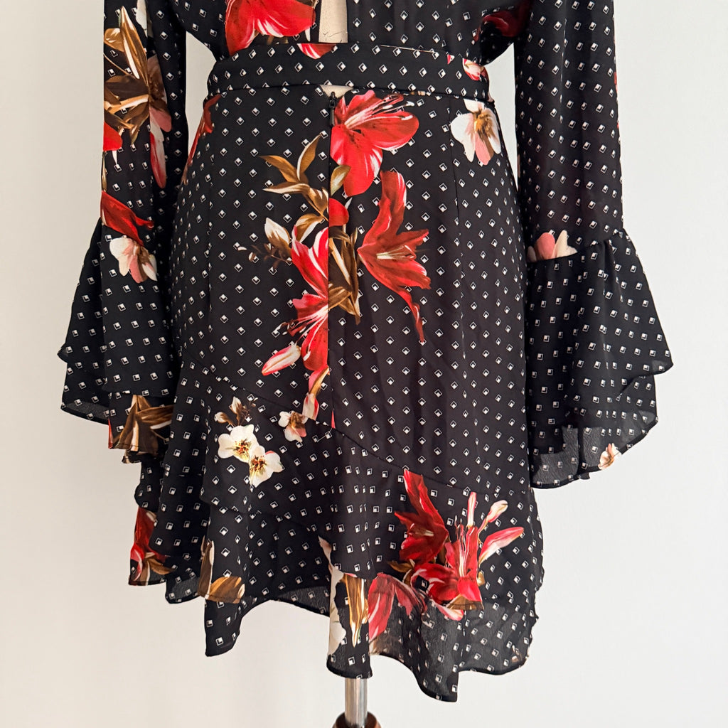 Sheike Black Floral Polka Dot Ruffle Wrap Dress Size 8 - Image 19