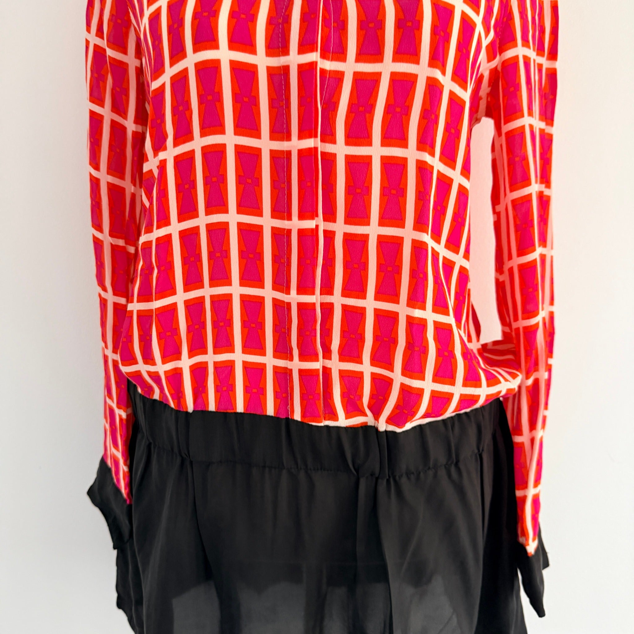 Orange Black Silk Geometric Print Shirt Dress Size S Boho Casual - Image 8