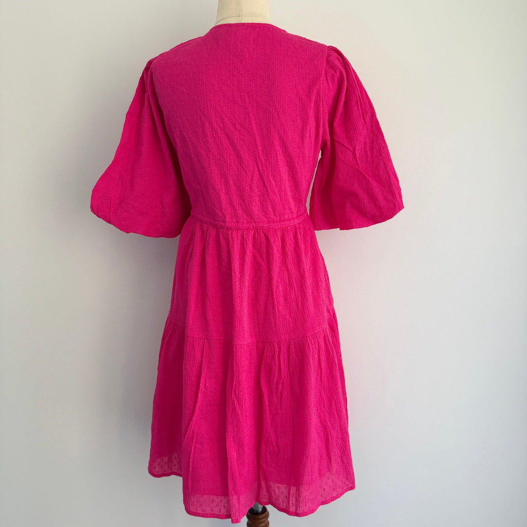 YAS Womens Wrap Dress Size XS Pink Cotton Puff Sleeve Tie Waist Summer - Image 2
