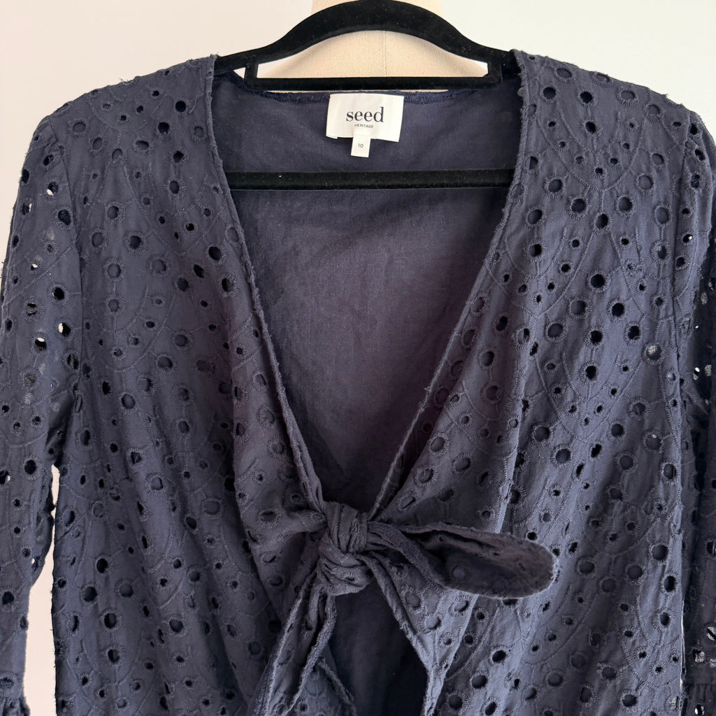 Seed Heritage Black Cotton Eyelet Playsuit Sz 10 Tie-Front Bell Sleeve Summer - Image 4