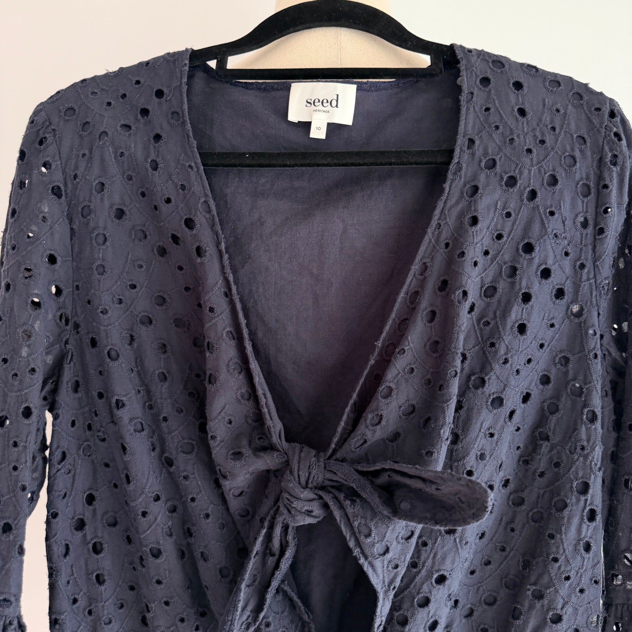 Seed Heritage Black Cotton Eyelet Playsuit Sz 10 Tie-Front Bell Sleeve Summer - Image 4