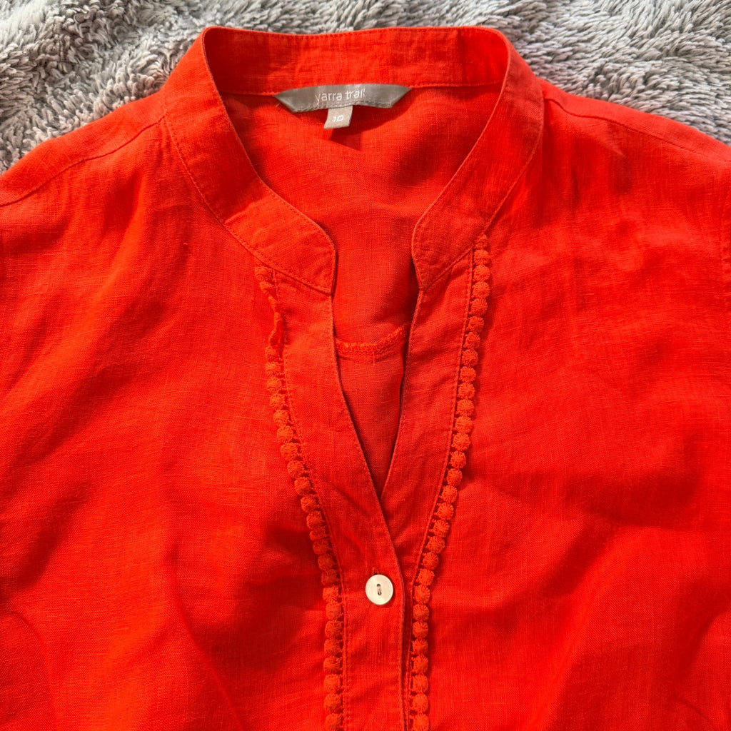 Yarra Trail Orange 100% Linen Button Up Shirt Size 10 Crochet Trim Casual - Image 16
