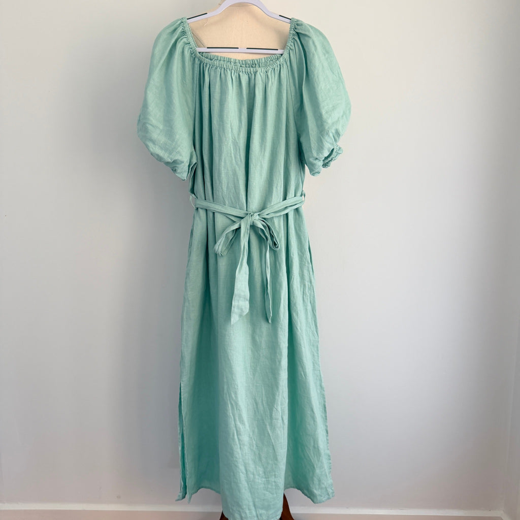 Amelius Mint Green Linen Midi Dress Size XL Puff Sleeve Tie Waist Resort - Image 2