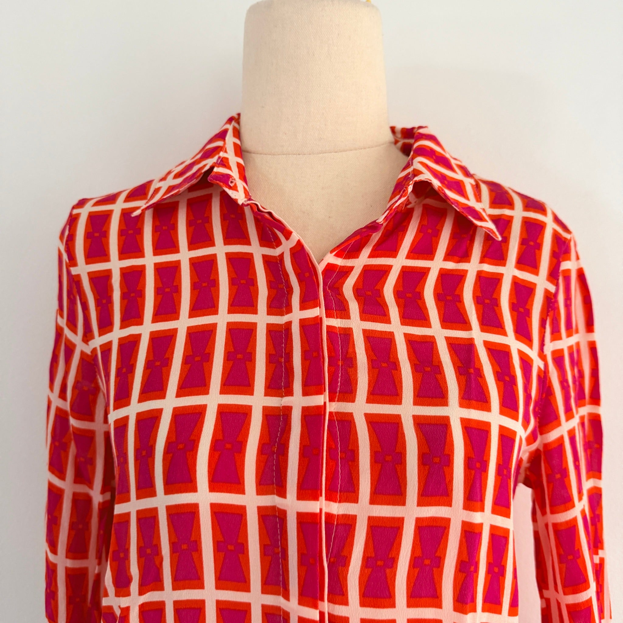 Orange Black Silk Geometric Print Shirt Dress Size S Boho Casual - Image 3