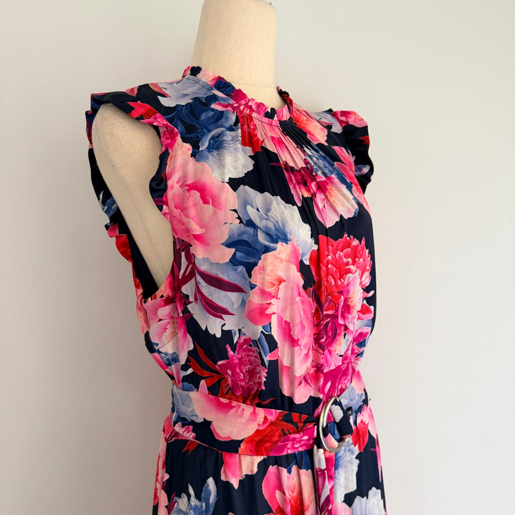 Portmans Floral Maxi Dress Navy Pink Tiered Sleeveless With Belt Sz 14 Casual - Image 17