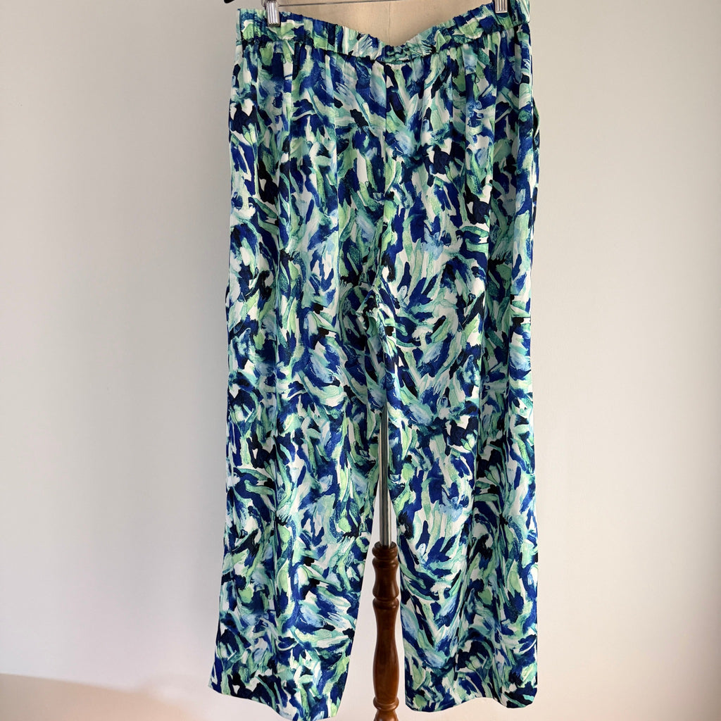 Basque Sz 14 Blue Green Abstract Print Recycled Wide Leg Pants Resort - Image 2
