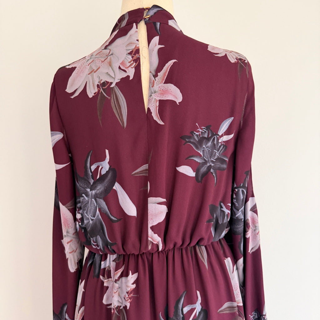 Portmans Floral Wrap Dress Burgundy Size 8 Elegant Long Sleeve - Image 4
