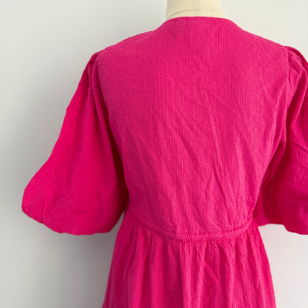 YAS Womens Wrap Dress Size XS Pink Cotton Puff Sleeve Tie Waist Summer - Image 10