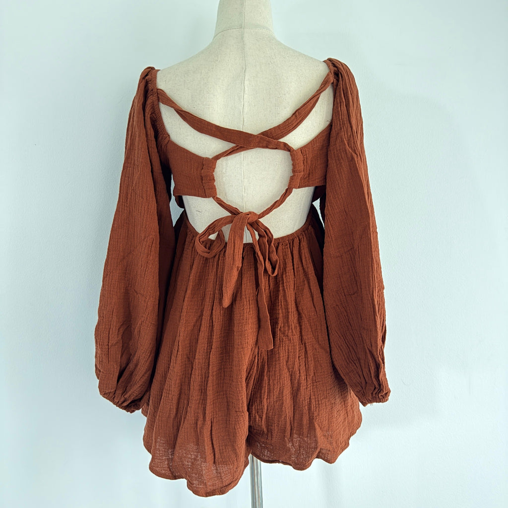Princess Polly Rust Brown Cotton Gauze Long Sleeve Romper Size 6 Boho BNWT - Image 2