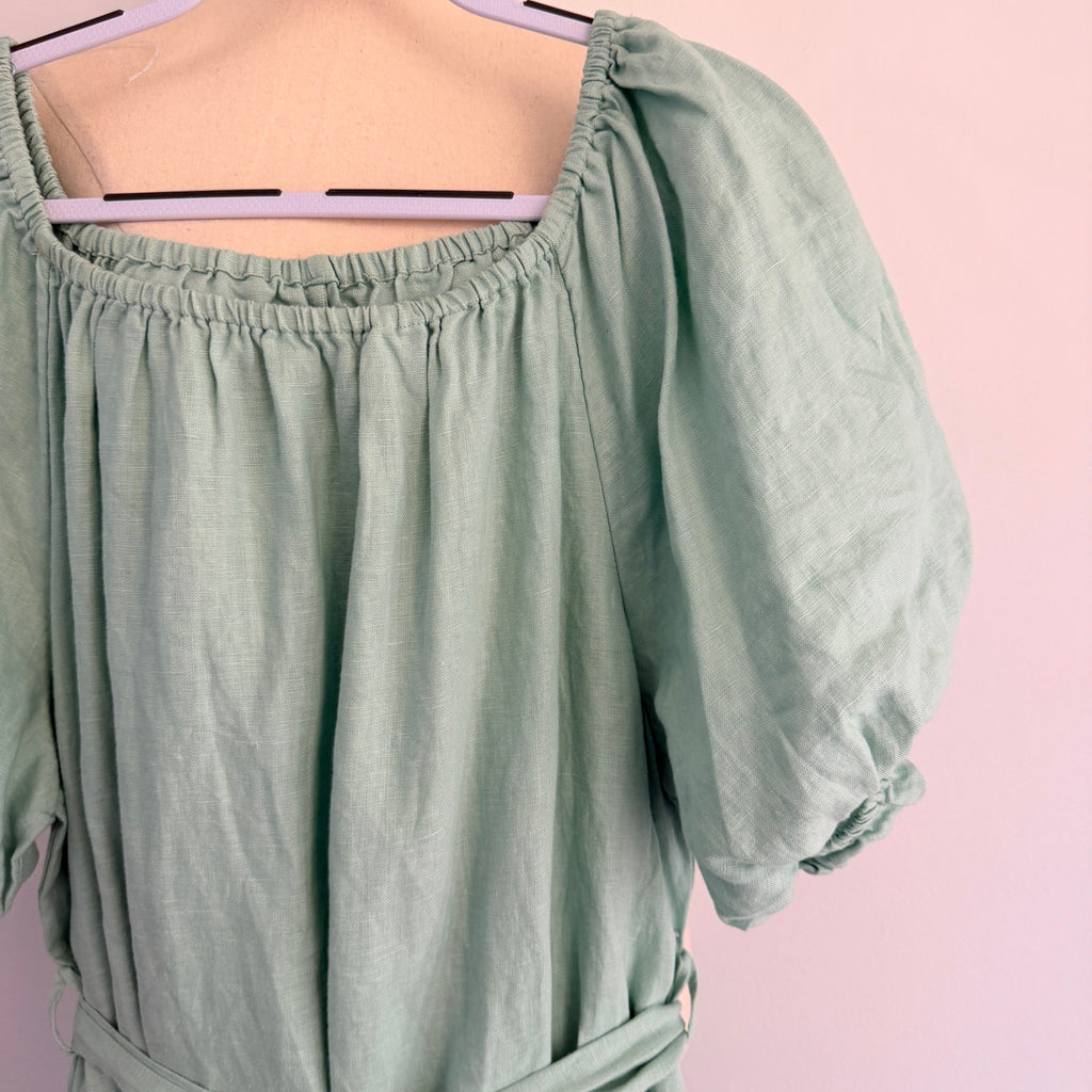 Amelius Mint Green Linen Midi Dress Size XL Puff Sleeve Tie Waist Resort - Image 10