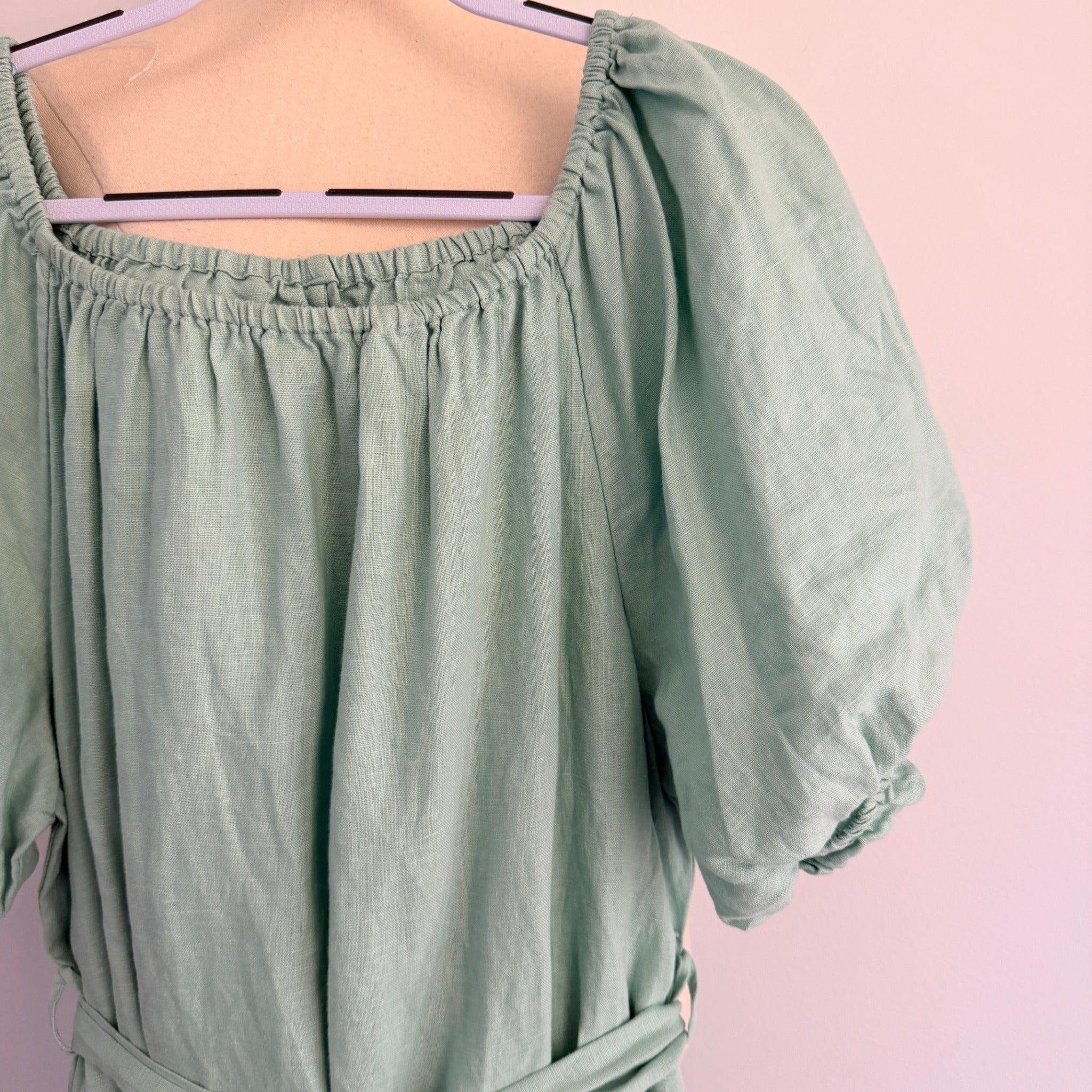 Amelius Mint Green Linen Midi Dress Size XL Puff Sleeve Tie Waist Resort - Image 10