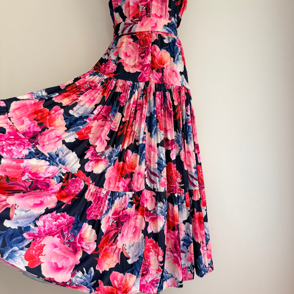 Portmans Floral Maxi Dress Navy Pink Tiered Sleeveless With Belt Sz 14 Casual - Image 18