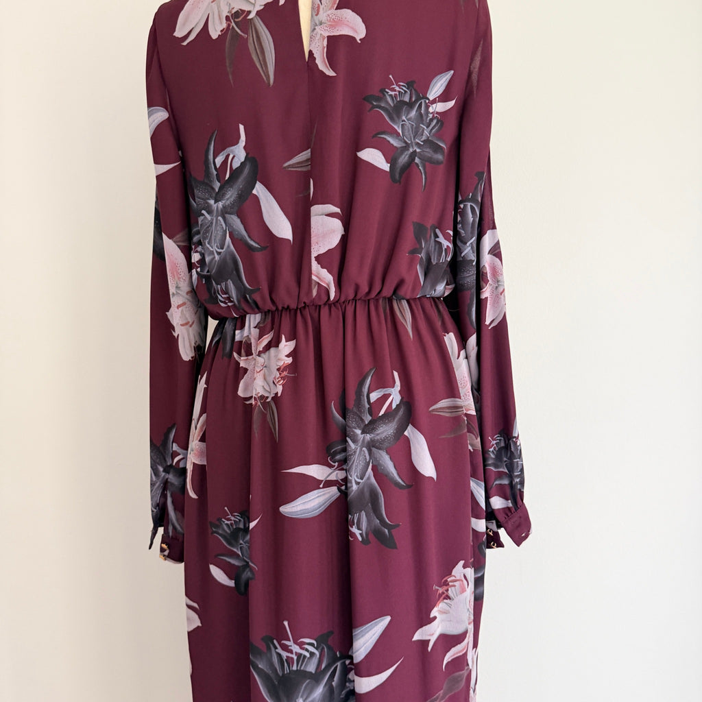 Portmans Floral Wrap Dress Burgundy Size 8 Elegant Long Sleeve - Image 19