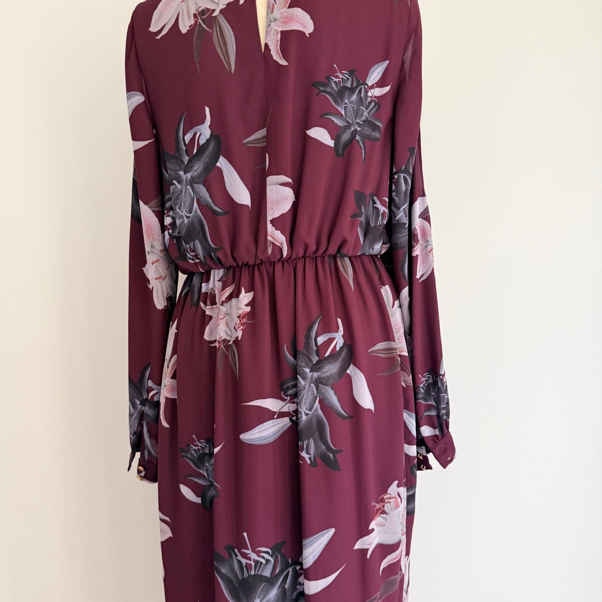 Portmans Floral Wrap Dress Burgundy Size 8 Elegant Long Sleeve - Image 19