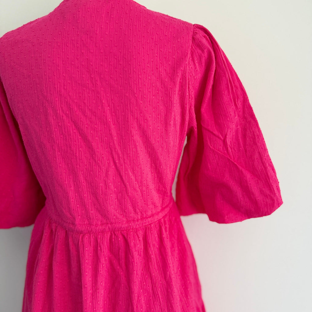 YAS Womens Wrap Dress Size XS Pink Cotton Puff Sleeve Tie Waist Summer - Image 4