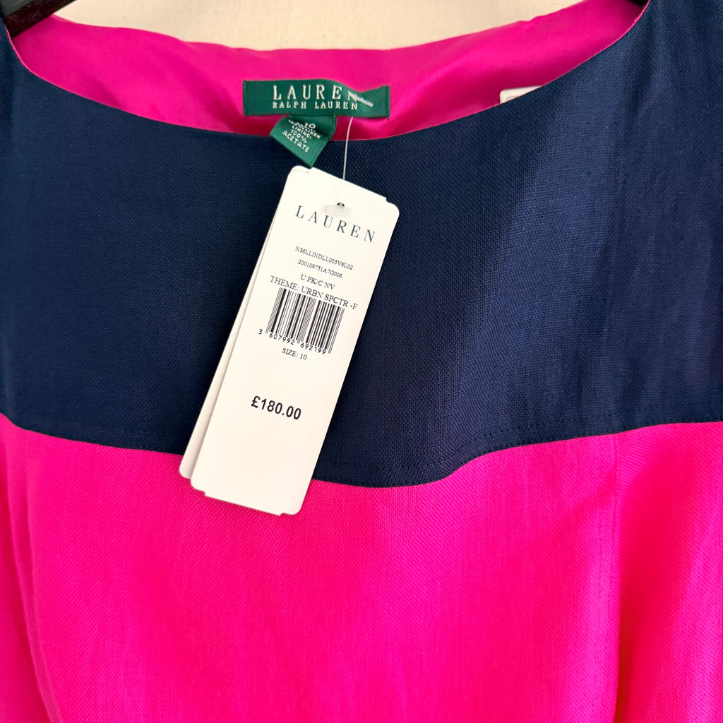 Lauren Ralph Lauren Colourblock Linen Dress Navy Pink Size 10 - Image 2