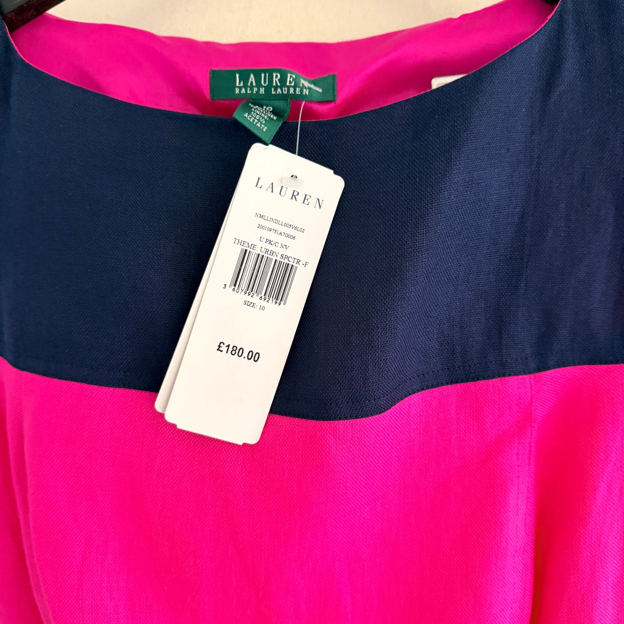 Lauren Ralph Lauren Colourblock Linen Dress Navy Pink Size 10 - Image 2
