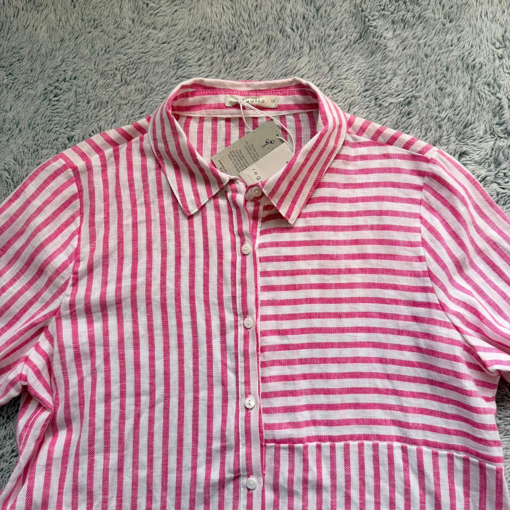 Regatta Sz 12 Red White Mixed Stripe Linen Cotton Button-Up Shirt Casual Resort - Image 17