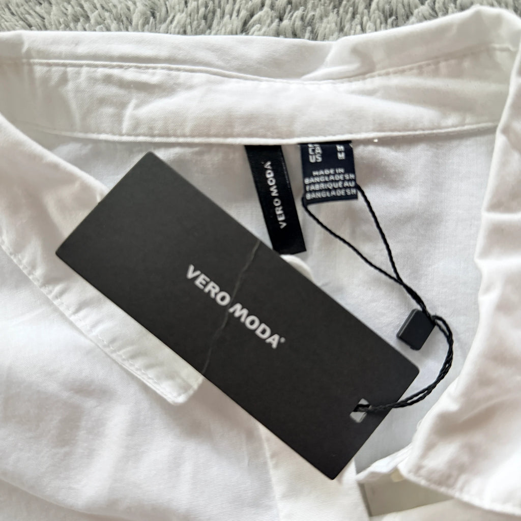 Vero Moda White Cotton Midi Dress Puff Sleeve Tie Waist Size M Casual BNWT - Image 8