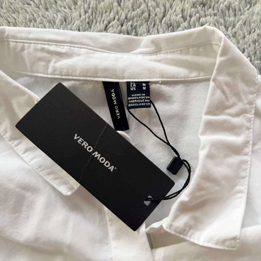Vero Moda White Cotton Midi Dress Puff Sleeve Tie Waist Size M Casual BNWT - Image 16