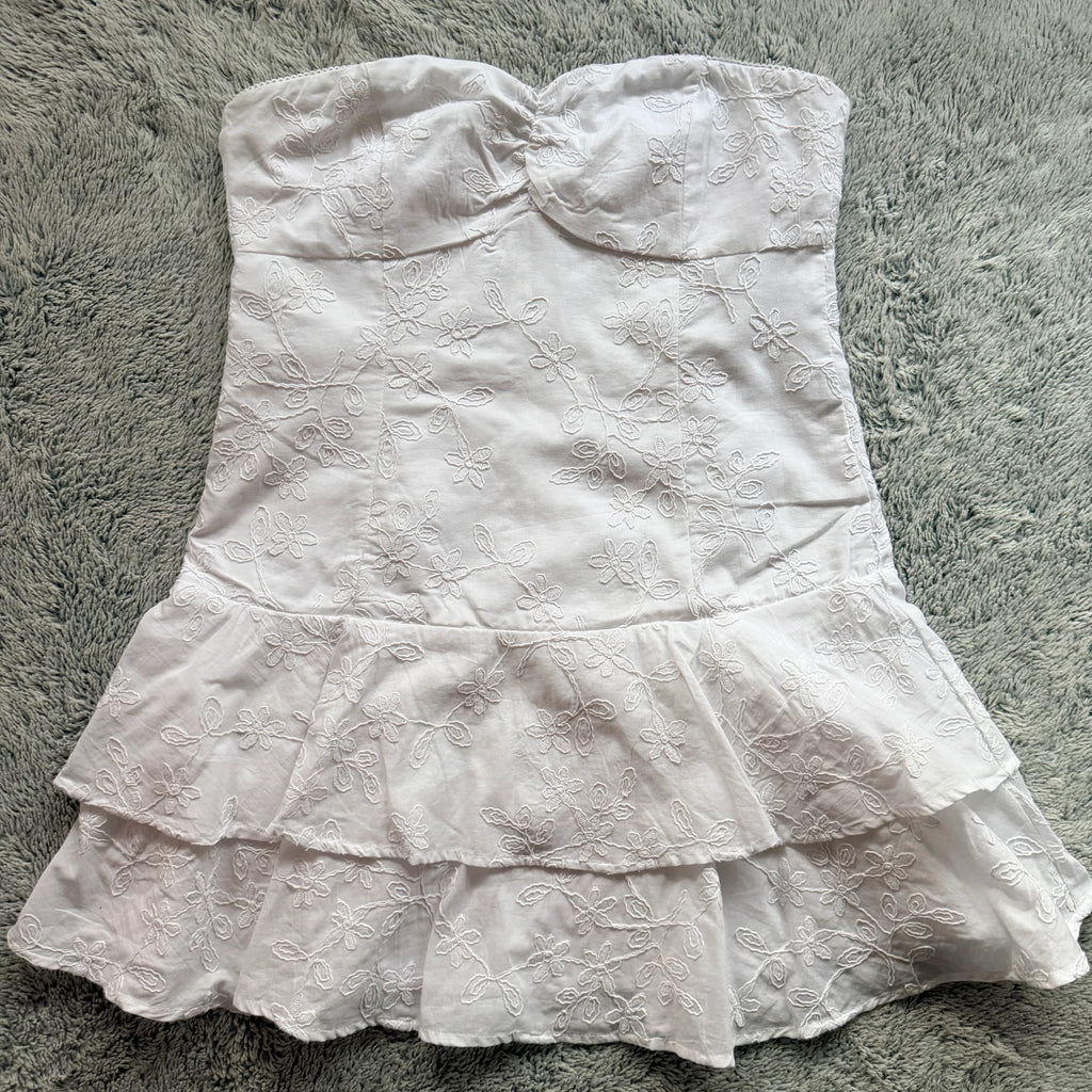 Perfect Stranger White Cotton Mini Dress Strapless Tiered Ruffle Size 12 Party BNWT - Image 9