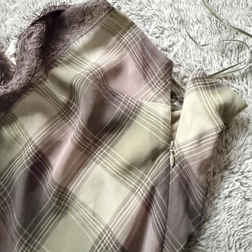Glassons Khaki Charcoal Check Slip Dress Lace Trim Maxi Size 14 Evening BNWT - Image 17